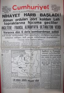Cumhuriyet Gazetesi 2 Eylül 1939 - Nihayet Harb Başladı