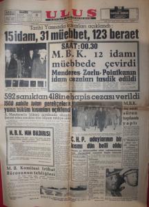 Ulus Gazetesi 16 Eylül 1961 - Tarihi Yassıada kararları açıklandı: 15 İdam, 31 Müebbet, 123 Beraet