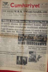 Cumhuriyet Gazetesi 16 Eylül 1961 - M.B.K. 3 İdamı Tasdik Etti