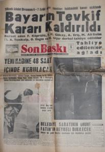 Son Baskı Gazetesi 5 Ocak 1961 - Bayar'ın Tevkif Kararı Kaldırıldı