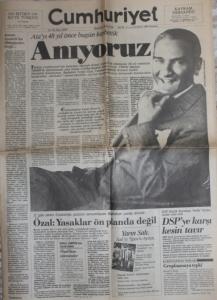 Cumhuriyet Gazetesi 10 Kasım 1986 - Ata'yı 48 Yıl Önce Bugün Kaybettik