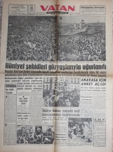 Vatan Gazetesi 10 Haziran 1960 - Hürriyet Şehitleri Gözyaşlarıyla Uğurlandı