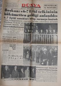 Dünya Gazetesi 20 Ekim 1960 - Başkan: 6-7 Eylül Telkininin Hükümetten Geldiği Anlaşıldı