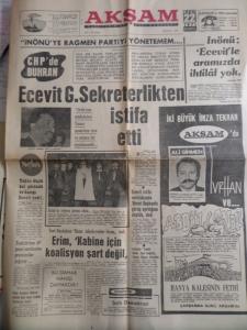 Akşam 22 Mart 1971 - Ecevit G. Sekreterlikten İstifa Etti