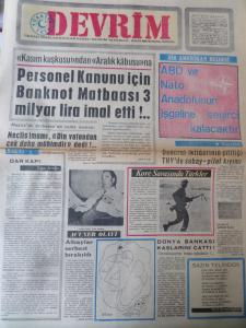 Devrim Gazetesi 24 Kasım 1970 - Personel Kanunu İçin Banknot Matbaası 3 Milyar Lira İmal Etti