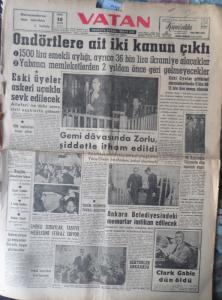Vatan 18 asım 1960 - Ondörtlere Ait İki Kanun Çıktı