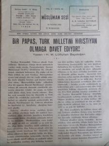 Müslüman Sesi 1954 / Sayı: 92 - Bir Papas Türk Milletini Hiristiyan Olmağa Davet Ediyor!!