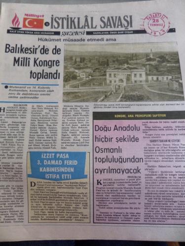 İstiklal Savaşı Gazetesi 28 Temmuz 1919 Balıkesir'de de Milli Kongre T