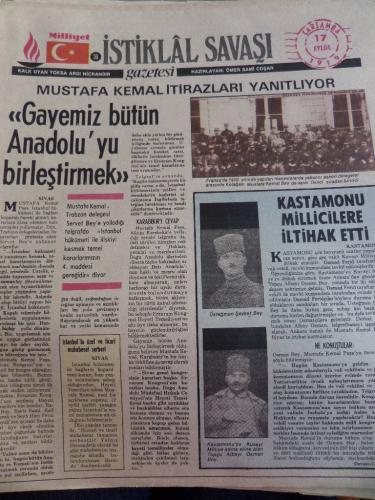 İstiklal Savaşı Gazetesi 17 Eylül 1919 Mustafa Kemal İtirazları Yanıtl