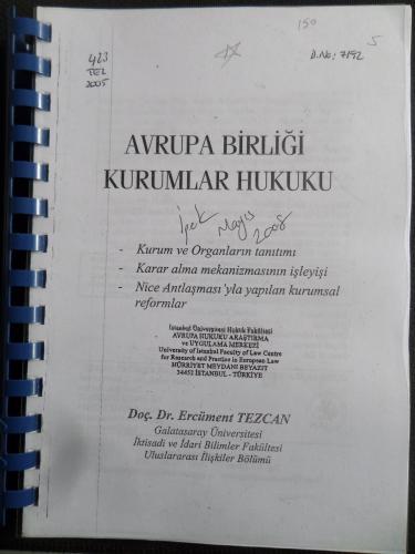 Avrupa Birliği Kurumlar Hukuku Ders Notu* Ercüment Tezcan