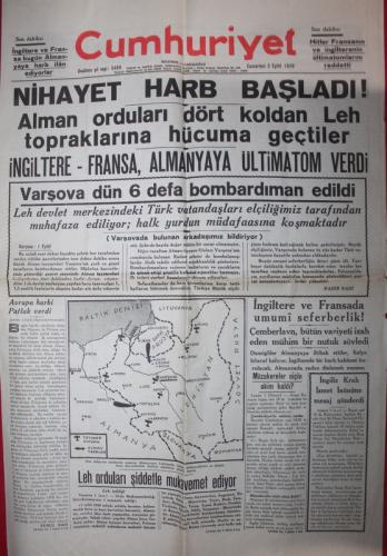 Cumhuriyet Gazetesi 2 Eylül 1939 - Nihayet Harb Başladı