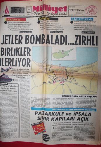Milliyet Gazetesi 15 Ağustos 1974 - Jetler Bombaladı... Zırhlı Birlikl