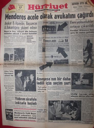 Hürriyet Gazetesi 17 Ekim 1960 - Menderes Acele Olarak Avukatını Çağır