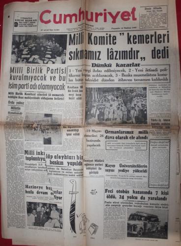 Cumhuriyet Gazetesi 16 Haziran 1960 - Milli Komite Kemer Sıkmamız Lazı