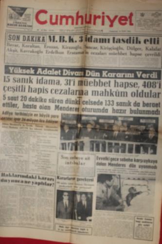 Cumhuriyet Gazetesi 16 Eylül 1961 - M.B.K. 3 İdamı Tasdik Etti