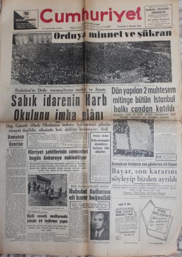 Cumhuriyet Gazetesi 9 Haziran 1960 - Orduya Minnet Ve Şükran