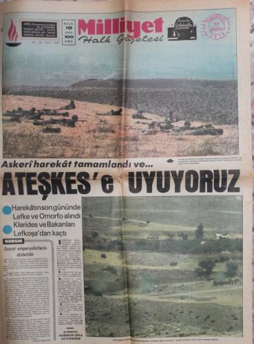 Milliyet Gazetesi 17 Ağustos 1974 - Ateşkes'e Uyuyoruz