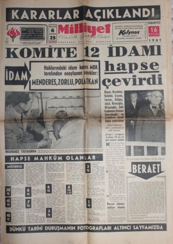 Milliyet Gazetesi 16 Eylül 1961 - Komite 12 İdamı Hapse Çevirdi