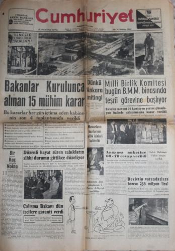 Cumhuriyet Gazetesi 21 Haziran 1960 - Bakanlar Kurulunca Alınan 15 Müh
