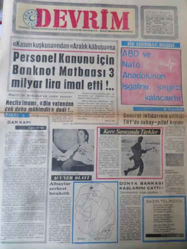 Devrim Gazetesi 24 Kasım 1970 - Personel Kanunu İçin Banknot Matbaası 