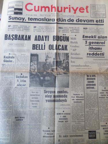 Cumhuriyet Gazetesi 19 Mart 1971 - Başkan Adayı Bugün Belli Olacak