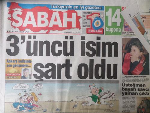 Sabah Gazetesi 4 Haziran 1996 - 3'üncü İsim Şart Oldu
