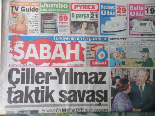 Sabah Gazetesi 15 Haziran 1996 - Çiller-Yılmaz Taktik Savaşı