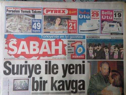 Sabah Gazetesi 16 Haziran 1996 - Suriye İle Yeni Bir Kavga