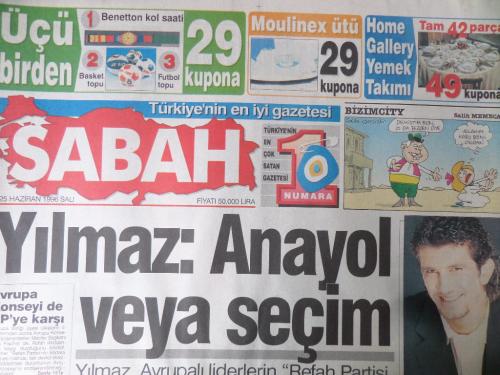 Sabah Gazetesi 25 Haziran 1996 - Yılmaz: Anayol veya Seçim