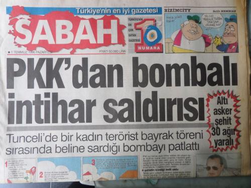 Sabah Gazetesi 1 Temmuz 1996 - PKK'dan Bombalı İntihar Saldırısı