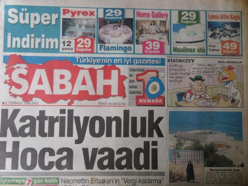 Sabah Gazetesi 2 Temmuz 1996 - Katriyonluk Hoca Vaadi