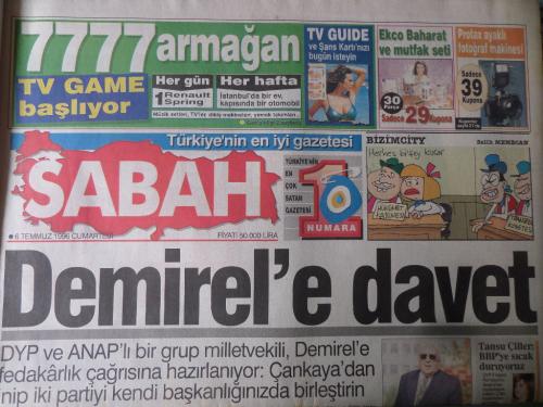 Sabah Gazetesi 6 Temmuz 1996 - Demirel'e Davet