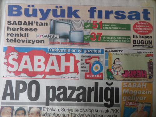 Sabah Gazetesi 11 Temmuz 1996 - Apo Pazarlığı