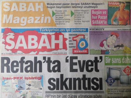 Sabah Gazetesi 14 Temmuz 1996 - Refah'ta Evet Sıkıntısı