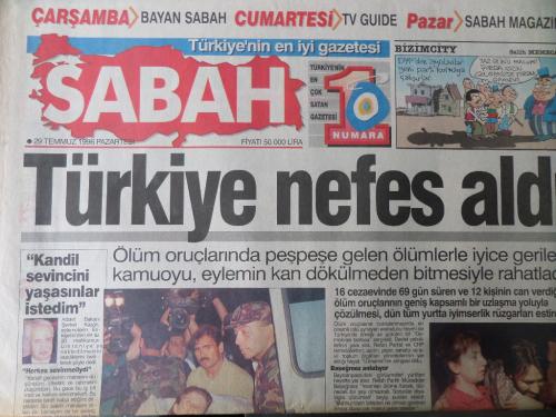 Sabah Gazetesi 29 Temmuz 1996 - Türkiye Nefes Aldı