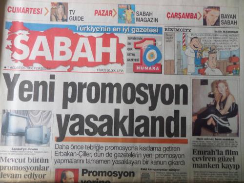 Sabah Gazetesi 1 Ağustos 1996 - Yeni Promosyon Yasaklandı