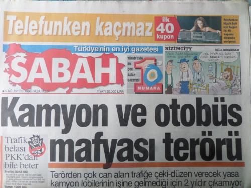 Sabah Gazetesi 5 Ağustos 1996 - Kamyon ve Otobüs Mafyası Terörü