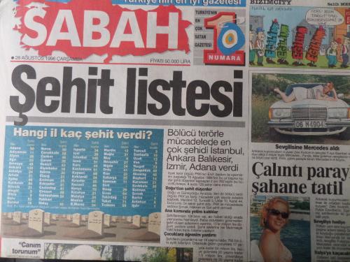 Sabah Gazetesi 28 Ağustos 1996 - Şehit Listesi