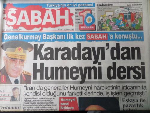 Sabah Gazetesi 1 Eylül 1996 - Karadayı'dan Humeyni Dersi