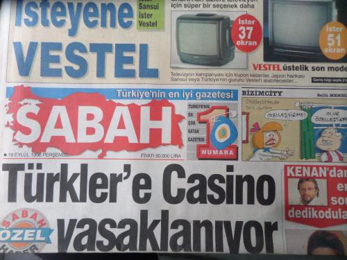 Sabah Gazetesi 19 Eylül 1996 - Türkler'e Casino Yasaklanıyor
