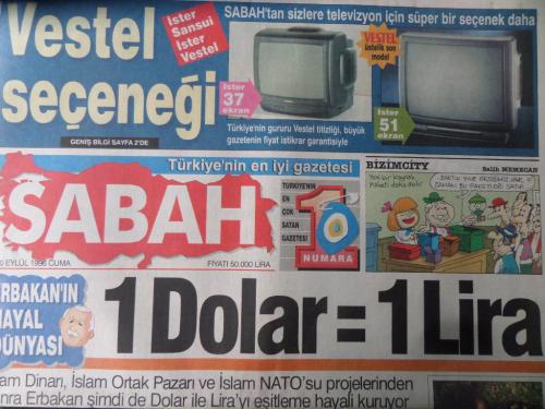 Sabah Gazetesi 20 Eylül 1996 - 1 Dolar= 1 Lira