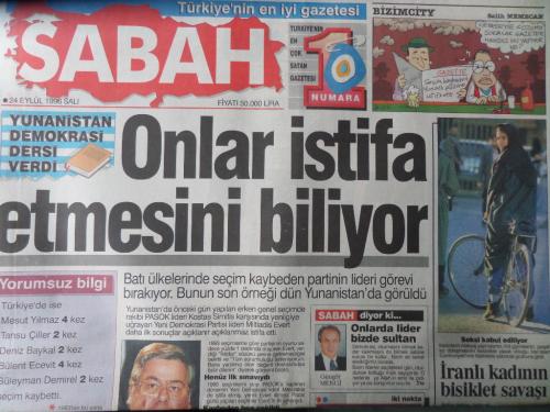 Sabah Gazetesi 24 Eylül 1996 - Onlar İstifa Etmesini Biliyor