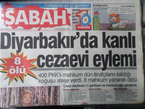Sabah Gazetesi 25 Eylül 1996 - Diyarbakır'da Kanlı Cezaevi Eylemi