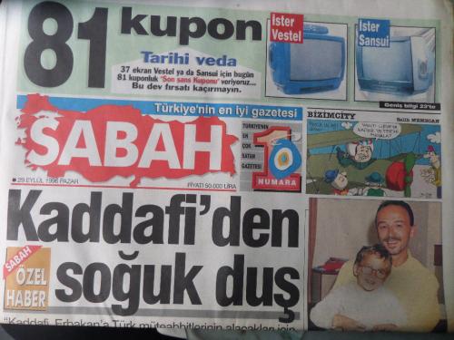 Sabah Gazetesi 29 Eylül 1996 - Kaddafi'den Soğuk Duş