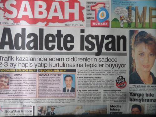 Sabah Gazetesi 1 Ekim 1996 - Adalete İsyan - Anap ve DYP'de Yeni Arayışlar