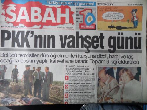 Sabah Gazetesi 2 Ekim 1996 - PKK'nın Vahşet Günü