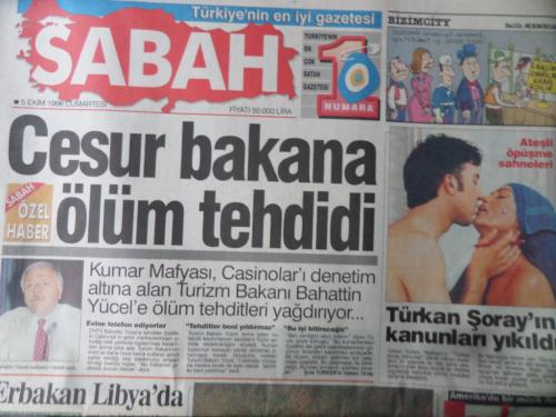Sabah Gazetesi 5 Ekim 1996 - Cesur Bakana Ölüm Tehdisi