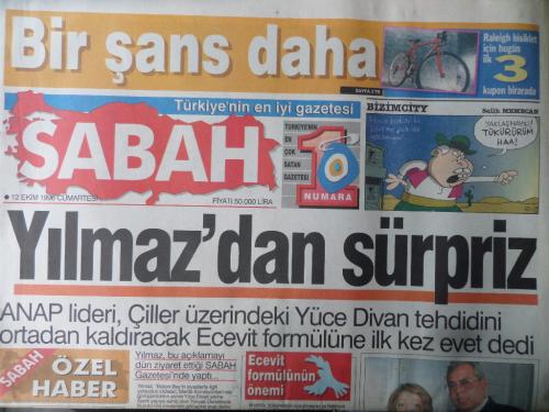 Sabah Gazetesi 12 Ekim 1996 - Yılmaz'dan Sürpriz