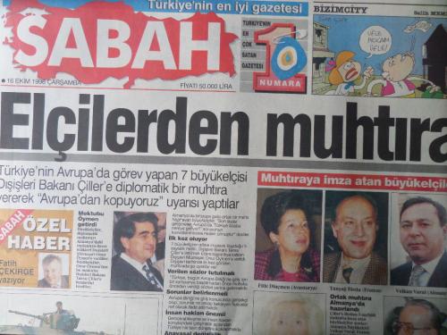 Sabah Gazetesi 16 Ekim 1996 - Elçilerden Muhtıra