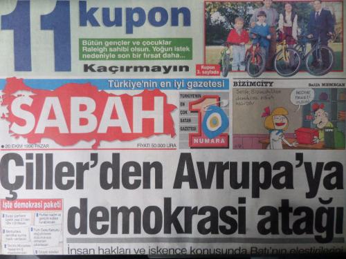Sabah Gazetesi 20 Ekim 1996 - Çiller'den Avrupa'ya Demokrasi Atağı